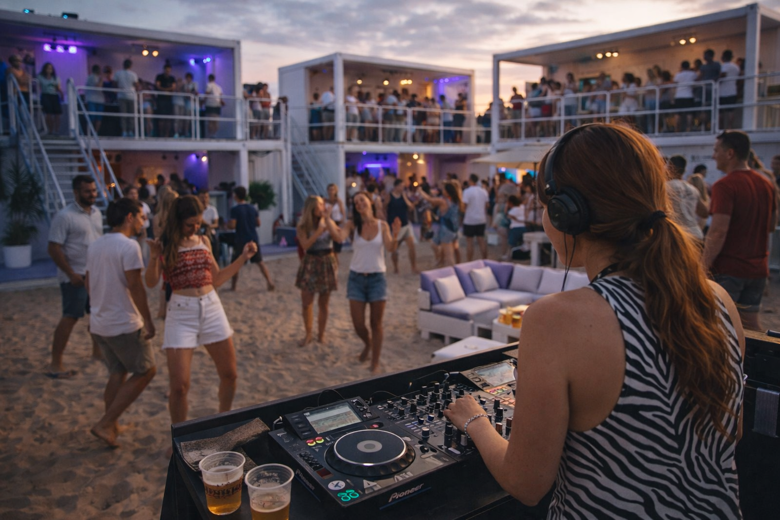 Emblem design for Madame FC depicting an M monogram in a circle with the words "Madame FC EST. 2003" inside on top of a background image of a soccer stadium.